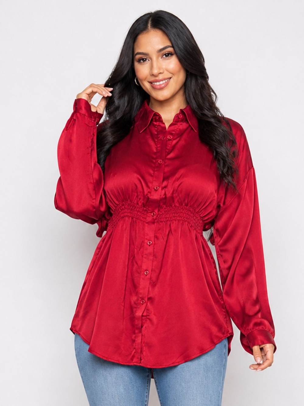 Women's Red Satin Button-Up Blouse with Shirred Waist